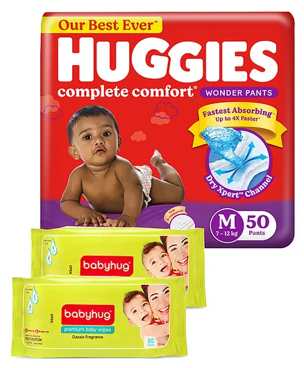 Huggies Wonder Pants Medium Pant Style Diapers - 50 Pieces & Babyhug Premium Baby Wipes - 80 Pieces (Pack of 2)