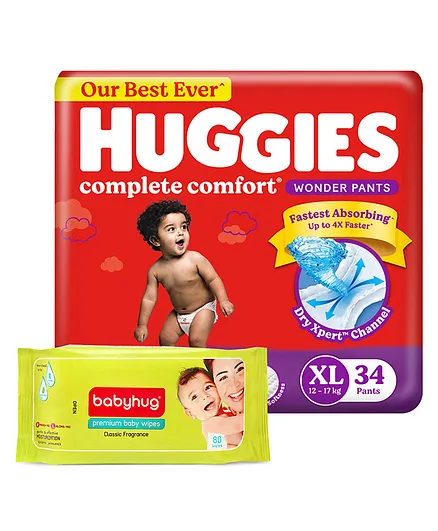 Huggies Wonder Pants Extra Large Pant Style Diapers - 34 Pieces & Babyhug Premium Baby Wipes - 80 Pieces