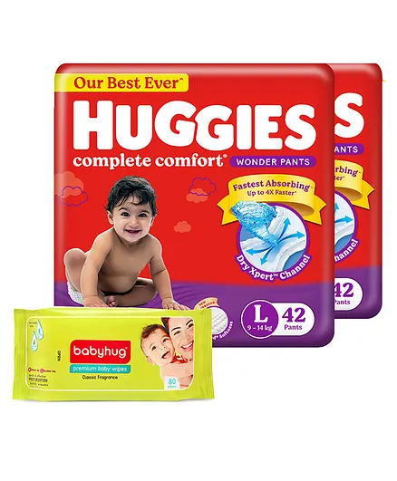 Huggies Wonder Pants Diapers Large Size Combo Pack of 2 - 42 Pieces Each & Babyhug Premium Baby Wipes - 80 Pieces