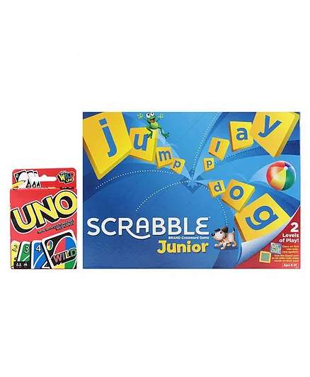 Mattel Uno Card Game With Customizable Wild Cards & Junior Scrabble Crossword Board Game - Multicolour