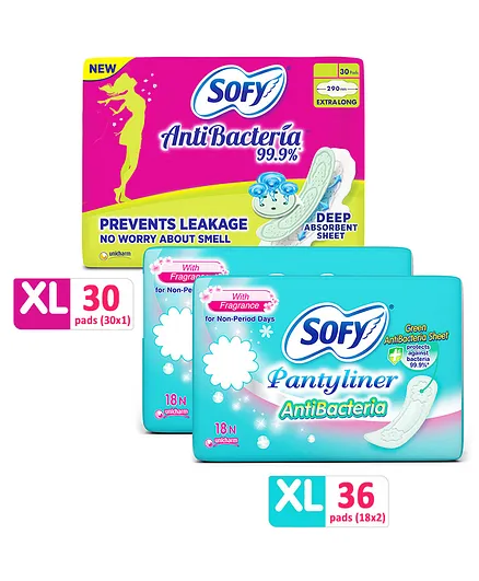 Sofy Antibacteria Extra Long Sanitary Pads - 30 Pieces & Sofy Antibacteria Pantyliner - 18 Pieces - (Pack of 2)