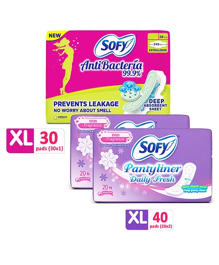 Sofy Antibacteria Extra Long Sanitary Pads - 30 Pieces & Sofy Antibacteria Pantyliner - 20 Pieces - (Pack of 2)