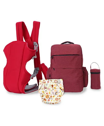 3 in 1 Padded Carrier & Diaper Backpack & Babyhug Reusable Cloth Diaper (Red & Cream)