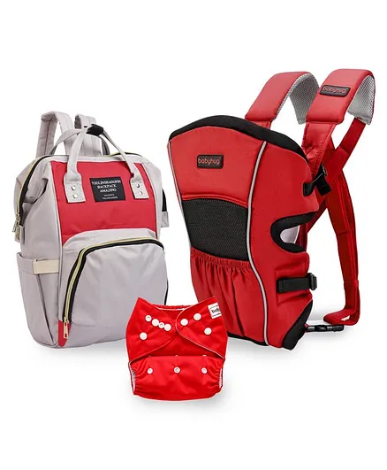 Babyhug Embrace 2 Way Carrier & Diaper Backpack & Babyhug Reusable Cloth Diaper ( Red - Grey)