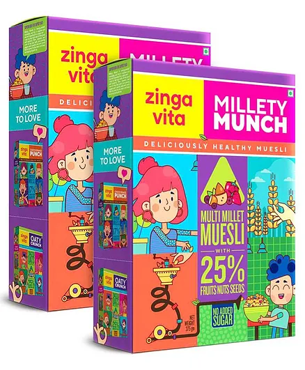 Zingavita Multi Millet Muesli with 25 Fruits - Nuts - Seeds - Breakfast Cereal With Whole Grains - High in Protein & Fibre - No Added Sugar - 375g (Pack of 2)