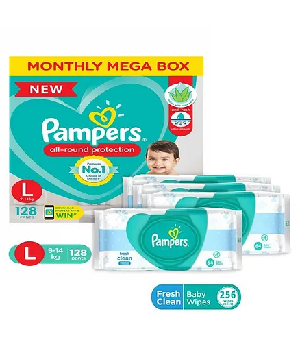 Pampers All round Protection Pants, Large size (LG) 128 Count, Anti Rash diapers, Lotion with Aloe Vera & Pampers Fresh Clean Baby Wipes - 64 Pieces (Pack of 4)