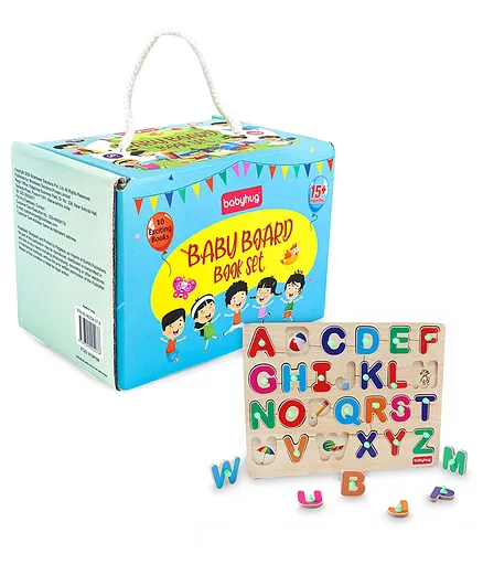 Babyhug Pocket Board Book Set of 10 combo with 26 pieces Wooden Alphabet Puzzle