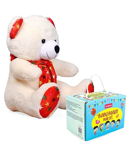 Babyhug Pocket Board Book Set of 10 combo with Plush Teddy Bear Soft Toy Cream