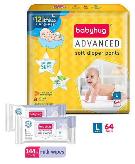 Babyhug Advanced Pant Style Diapers Large - 64 Pieces & Babyhug Daily Moisturising Milk Wipes - 72 Pieces (Pack of 2)
