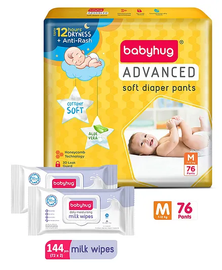 Babyhug Advanced Pant Style Diapers Medium - 76 Pieces & Babyhug Daily Moisturising Milk Wipes - 72 Pieces (Pack of 2)
