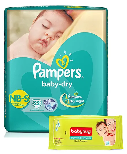 Pampers Taped Diapers Small (SM) 22 count & Babyhug Premium Baby Lemon Wipes - 72 Pieces