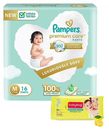 Pampers Premium Care Pants, Medium size baby diapers (MD), 16 Count, Softest ever Pampers pants & Babyhug Premium Baby Lemon Wipes - 72 Pieces