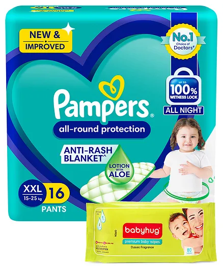 Pampers All round Protection Pants, Double Extra Large size (XXL) 16 Count, Anti Rash diapers, Lotion with Aloe Vera & Babyhug Premium Baby Lemon Wipes - 72 Pieces
