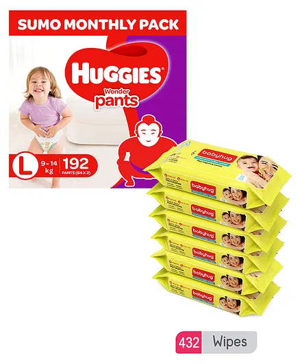Huggies Wonder Pants Diapers Sumo Pack Large Size - 192 Pieces & Babyhug Premium Baby Lemon Wipes - 72 Pieces - (Pack of 6)