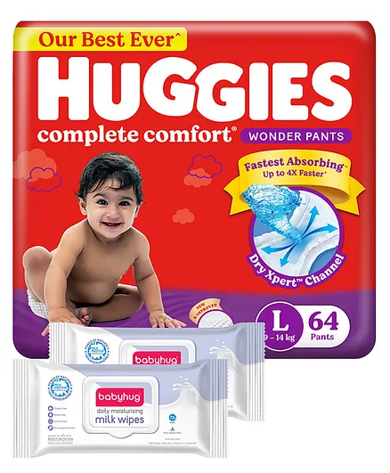 Huggies Wonder Pants Large Size Pant Style Diapers - 64 Pieces & Babyhug Daily Moisturising Milk Wipes - 72 Pieces - (Pack of 2)