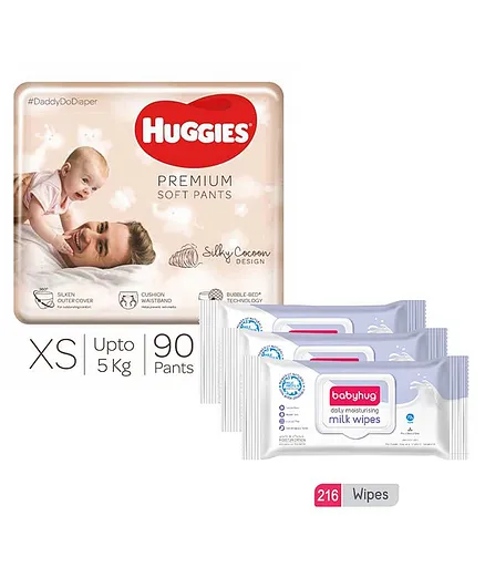 Huggies Premium Soft Pants Extra Small Size Diapers - 90 Pieces & Babyhug Daily Moisturising Milk Wipes - 72 Pieces - (Pack of 3)