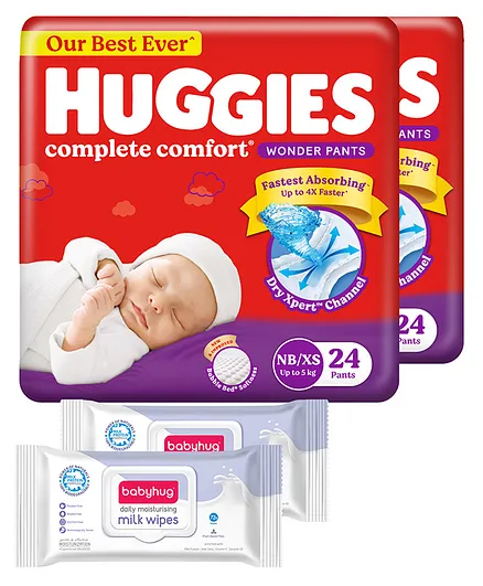 Huggies Wonder Pants Extra Small Size Pant Style Diapers Pack Of 2 - 24 Pieces Each & Babyhug Daily Moisturising Milk Wipes - 72 Pieces - (Pack of 2)