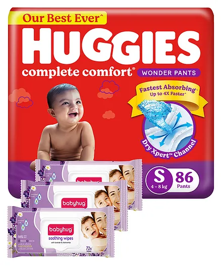 Huggies Wonder Pants Small Pant Style Diapers - 86 Pieces & Babyhug Soothing Lavender & Chamomile Wipes - 72 Pieces - (Pack of 3)