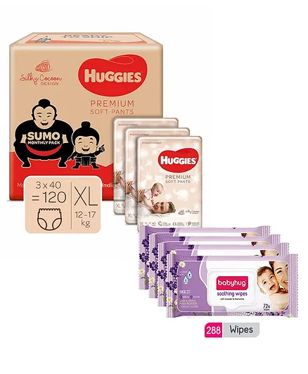 Huggies Premium Soft Pants Sumo Monthly Pack Extra Large Size Diapers - 120 Pieces & Babyhug Soothing Lavender & Chamomile Wipes - 72 Pieces - (Pack of 4)