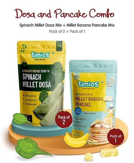 Timios Spinach Millet Dosa Mix 2pcs & Millet Pancake Mix Banana 1pc - 150 gm each