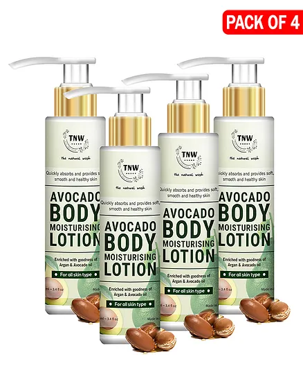 TNW-THE NATURAL WASH Avocado Moisturizing Lotion With Argan Oil For Dry And Flaky Skin (Non-Greasy Paraben Free Formula) - 100 ml (Pack of 4)
