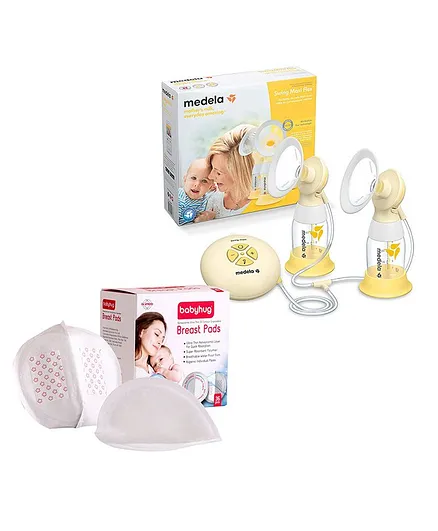Medela Swing Maxi Flex Double Electric Breast Pump - White Yellow and Babyhug 3D Contoured Disposable Breast Pads - Pack of 36 (Product Packaging May Vary)