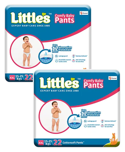 Little's Comfy Baby Pants Diapers Double Extra Large with Wetness Indicator and 12 hours Absorption, XXL (22 Pieces) - (Pack of 2)