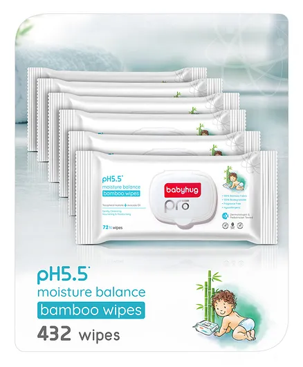 Babyhug Pro pH 5.5 Moisture Balance Bamboo Wipes - 72 pieces ( Pack of 6)