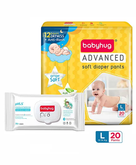 Babyhug Advanced Pant Style Diapers Large - 20 Pieces & Babyhug Pro pH 55 Moisture Balance Bamboo Wipes - 72 pieces