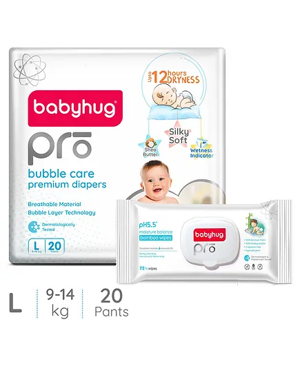 Babyhug Pro Bubble care premium Pant Style Diaper Large - 20 Pieces & Babyhug Pro pH 55 Moisture Balance Bamboo Wipes - 72 pieces
