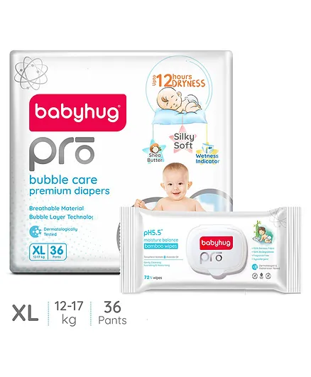 Babyhug Pro Bubble care premium Pant Style Diaper Extra Large - 36 Pieces & Babyhug Pro pH 55 Moisture Balance Bamboo Wipes - 72 pieces