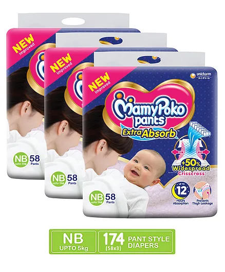 MamyPoko Extra Absorb Pant Style Diapers New Born - 58 Pieces - (Pack of 3)