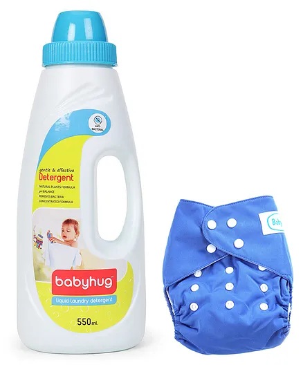 Babyhug Free Size Reusable Cloth Diaper With Insert - Blue- 1 Qty and Babyhug Liquid Laundry Detergent - 550 ml- 1 Qty