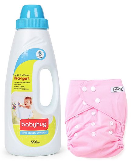 Babyhug Free Size Reusable Cloth Diaper With Insert - Light Pink- 1 Qty and Babyhug Liquid Laundry Detergent - 550 ml- 1 Qty
