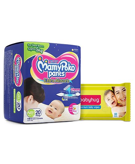 Babyhug Premium Baby Wipes - 80 Pieces AND Mamy Poko Pant Style Diapers Extra Small - 20 Pieces