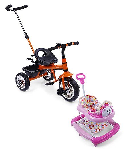 R for Rabbit Tiny Toes Grand The Smart Plug N Play Tricycle - Orange AND Babyhug Mini Steps Baby Walker - Pink & Cream
