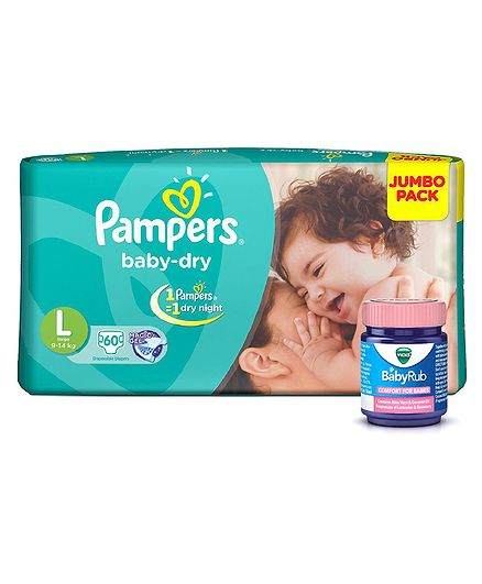 Pampers Baby Dry Diapers Large - 60 Pieces & Vicks BabyRub Soothing Vapor Ointment For Babies - 50 ml