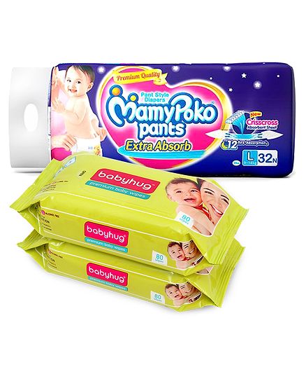MamyPoko Extra Absorb Pant Style Diapers Large - 32 Pieces & 2 Packs of Babyhug Premium Baby Wipes - 80 Pieces