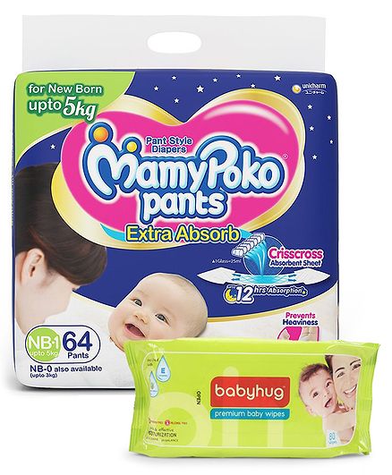 MamyPoko Pant Style Diapers Newborn - 64 Pieces & Two Packs of Babyhug Premium Baby Wipes - 80 Pieces