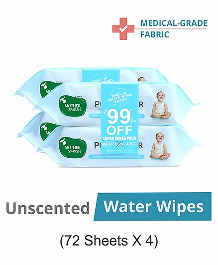 Mother Sparsh Unscented 99 Percent Pure Water Wipes Extra Gentle Sensitive Skin Pack of 4 - 72 Pieces