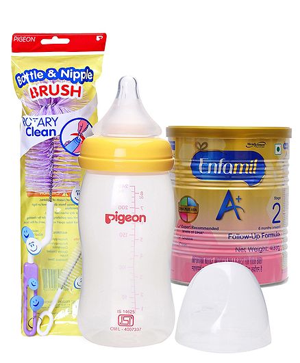 Combo Pack of Enfamil A With DHA Stage 2 Follow Up Formula , Pigeon Feeding Bottle With Medium Flow Teat Yellow & Pigeon Brush For Bottle And Nipple (Color May Vary)