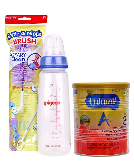 Combo pack of Enfamil A With DHA Stage 3 Follow Up Formula , Pigeon Peristaltic Plastic Feeding Bottle Large Nipple Blue & Pigeon Nylon Brush For Bottle And Nipple (Color May Vary)