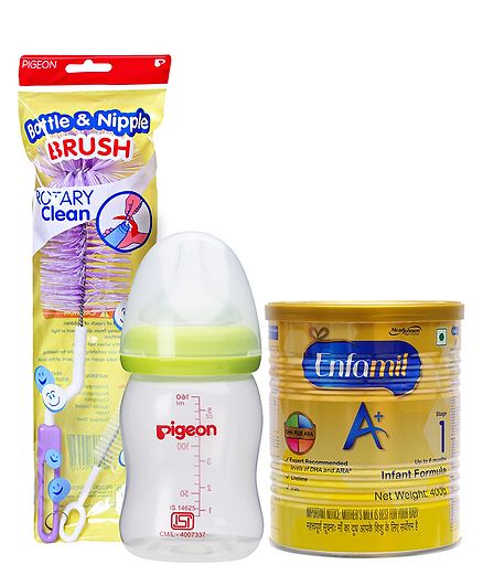 Combo Pack of Enfamil A With DHA Stage 1 Infant Formula , Pigeon Plastic Feeding Bottle With Slow Flow Teat Green & Pigeon Nylon Brush For Bottle And Nipple (Color May Vary)