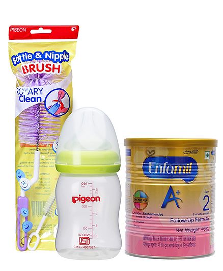 Combo Pack of Enfamil A With DHA Stage 2 Follow Up Formula , Pigeon Plastic Feeding Bottle With Slow Flow Teat Green & Pigeon Brush For Bottle And Nipple (Color May Vary)