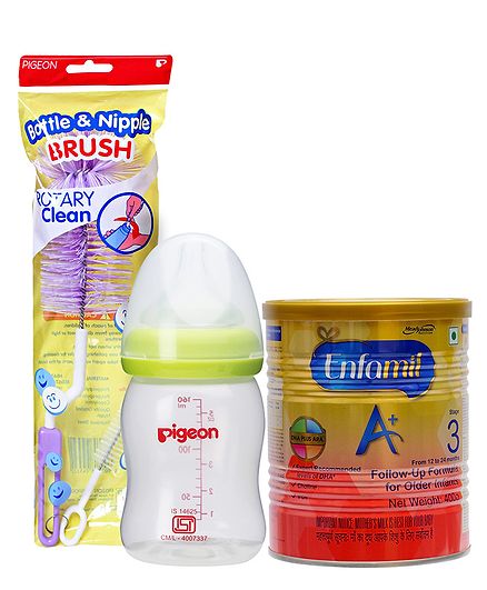 Combo Pack of Enfamil A With DHA Stage 3 Follow Up Formula , Pigeon Plastic Feeding Bottle With Slow Flow Teat Green & Pigeon Brush For Bottle And Nipple (Color May Vary)