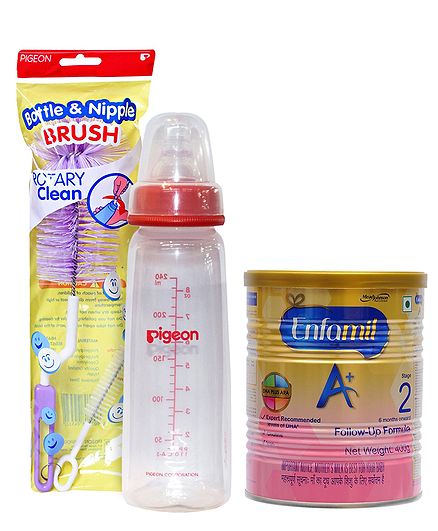 Combo Pack of Enfamil A With DHA Stage 2 Follow Up Formula , Pigeon Peristaltic Plastic Feeding Bottle KPP Large Nipple - Red & Pigeon Brush For Bottle And Nipple (Color May Vary)
