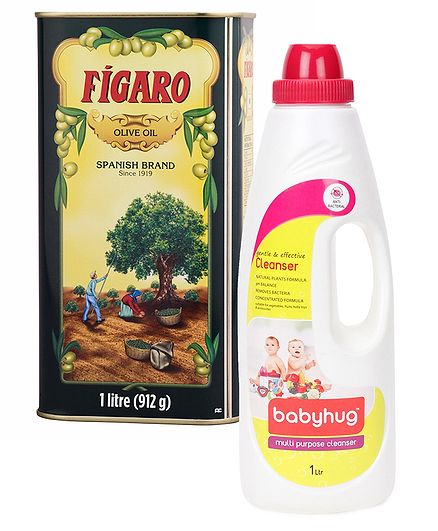 Figaro Olive Oil - 1 Liter and Babyhug Feeding Bottle Accessories & Vegetables Liquid Cleanser - 1000 ml
