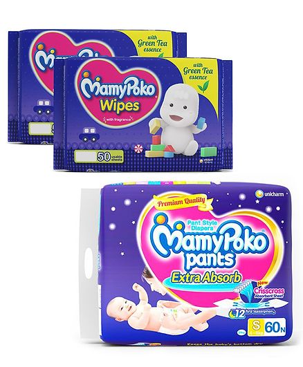 MamyPoko Extra Absorb Pant Style Diapers Small - 60 Pieces & MamyPoko Wipes With Green Tea Essence - 50 Sheets ( Pack of 2)