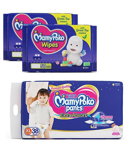 MamyPoko Extra Absorb Pant Style Diapers Extra Large - 38 Pieces & MamyPoko Wipes With Green Tea Essence - 50 Sheets ( Pack of 2)