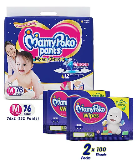 MamyPoko Extra Absorb Pant Style Diapers Medium - 76 Pieces & MamyPoko Wipes With Green Tea Essence - 100 Sheets ( Pack of 2)
